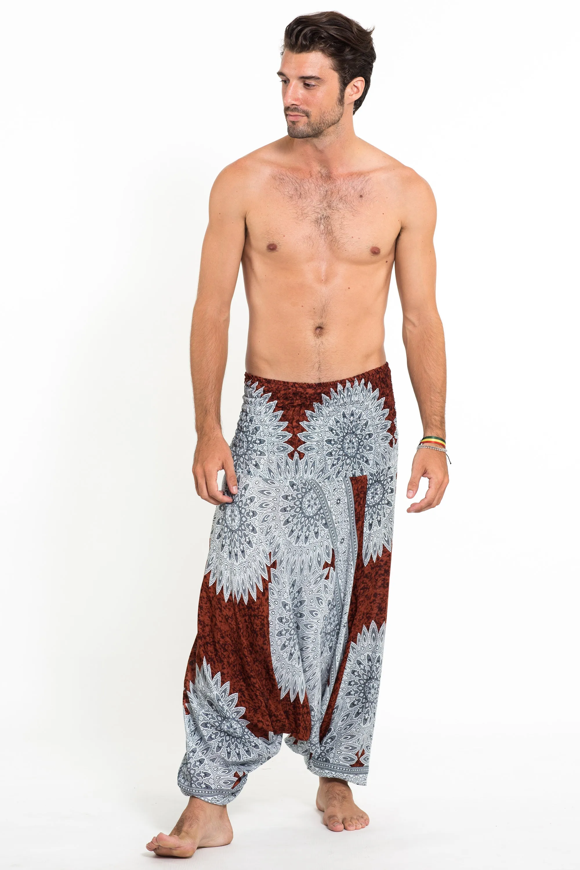 Marble Mandalas Drop Crotch Men's Harem Pants in Brown