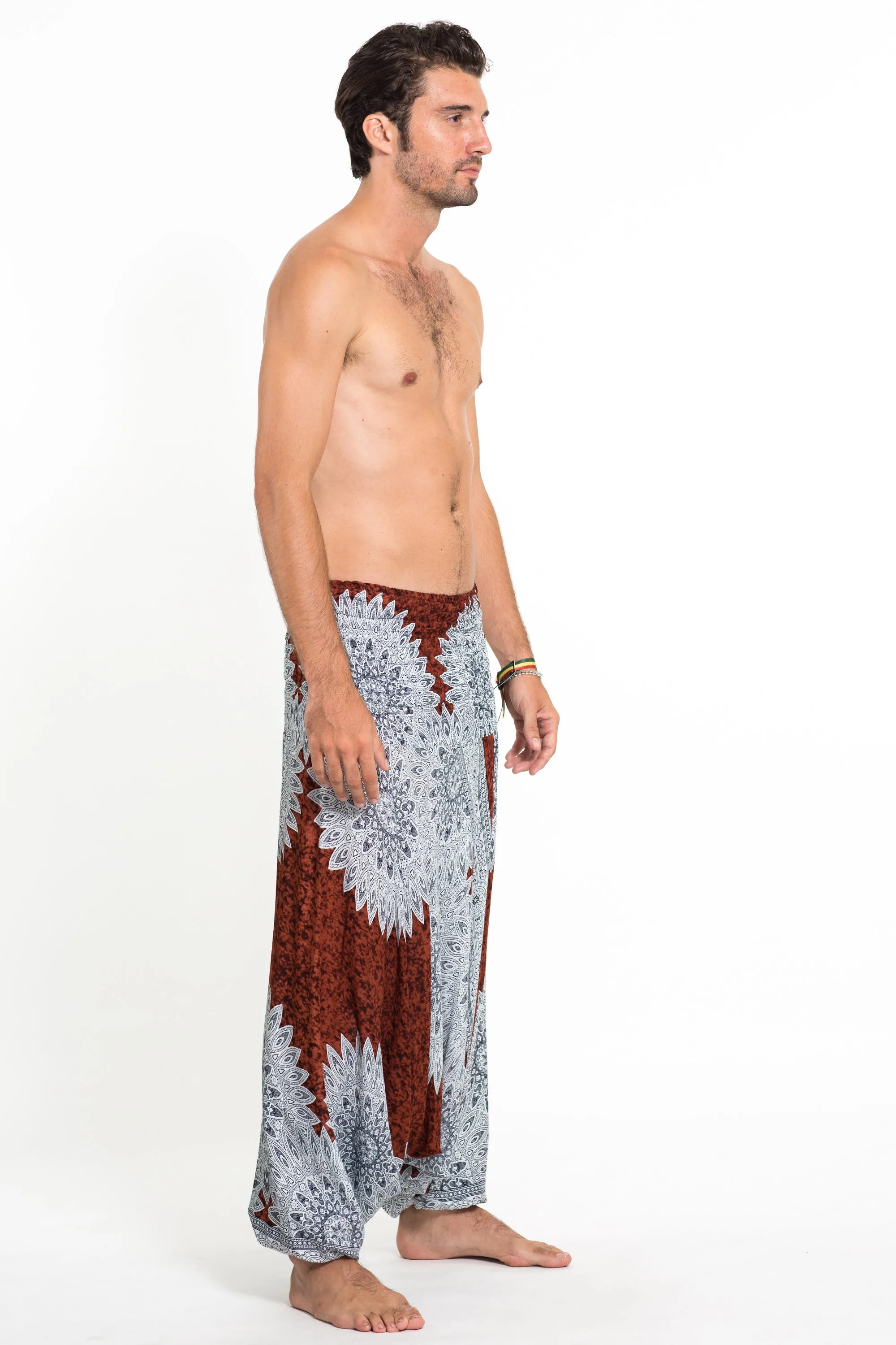 Marble Mandalas Drop Crotch Men's Harem Pants in Brown