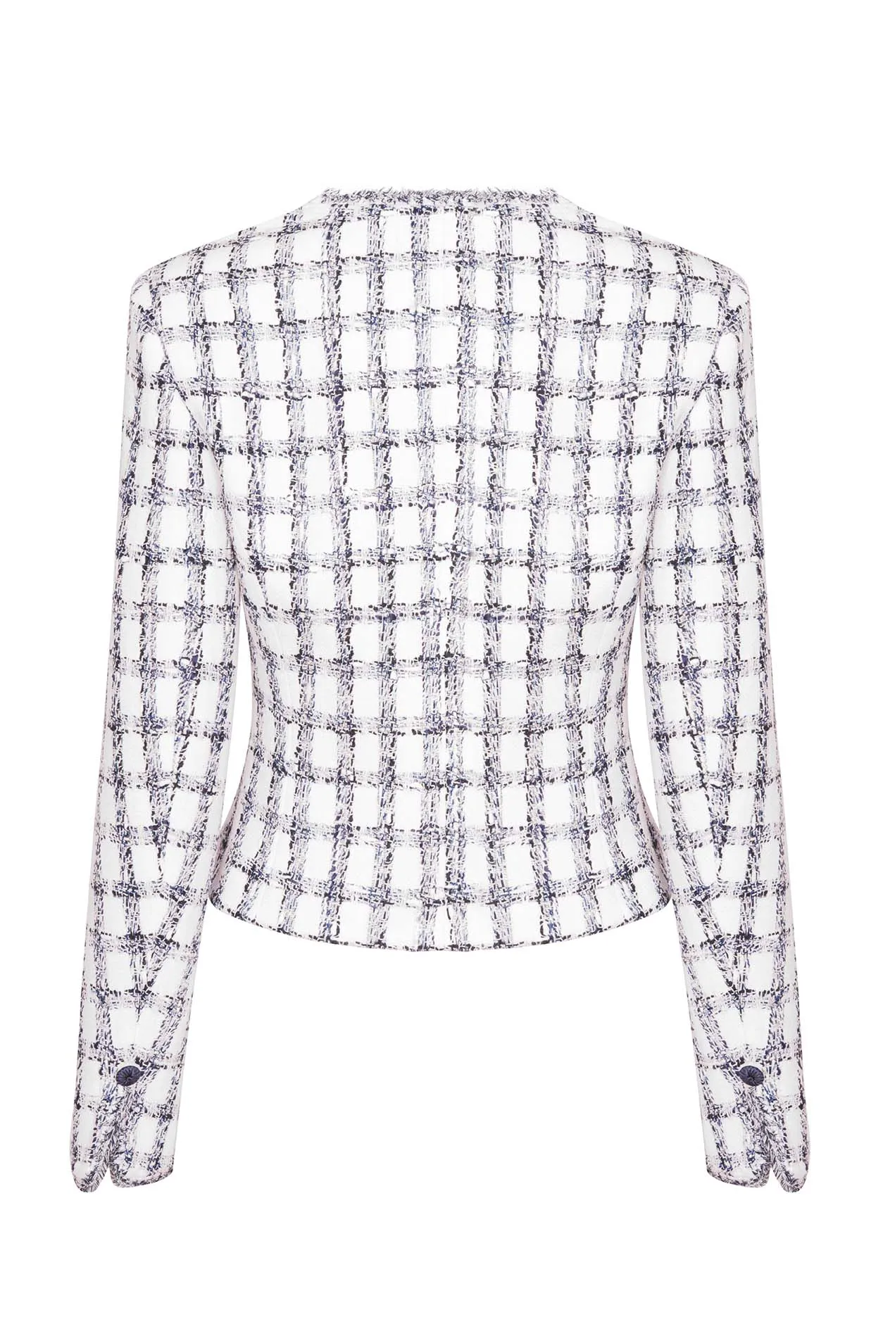 Navy and White Check Tweed Jacket with Fringed Edges - Gina