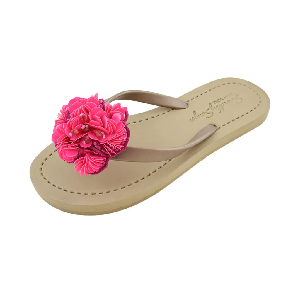 Noho Pink Flower - Sequence Embellished Women's Flat Flip Flops Sandal