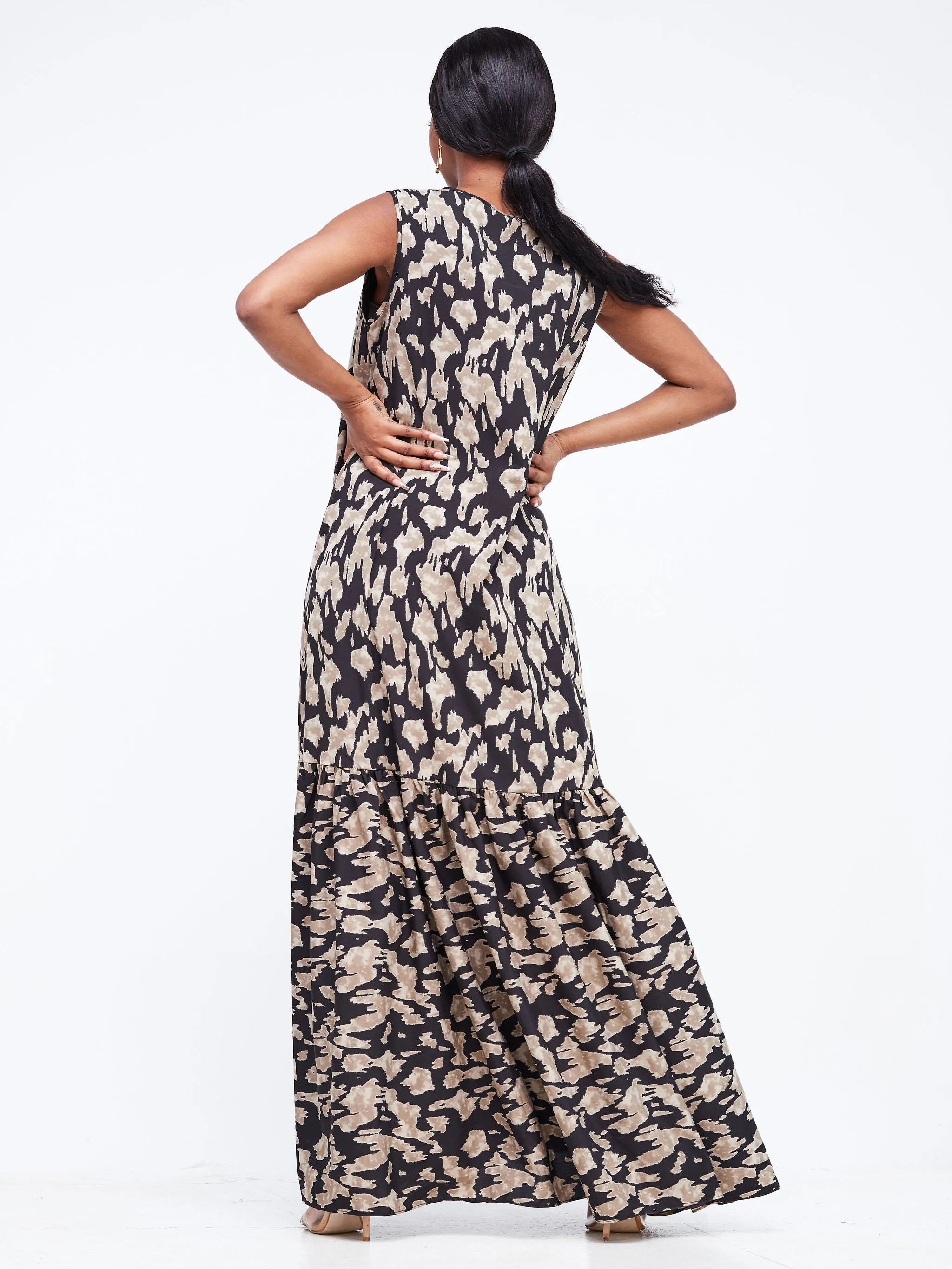 Safari Ayana Sleeveless Maxi Dress - Black / Brown Animal Print