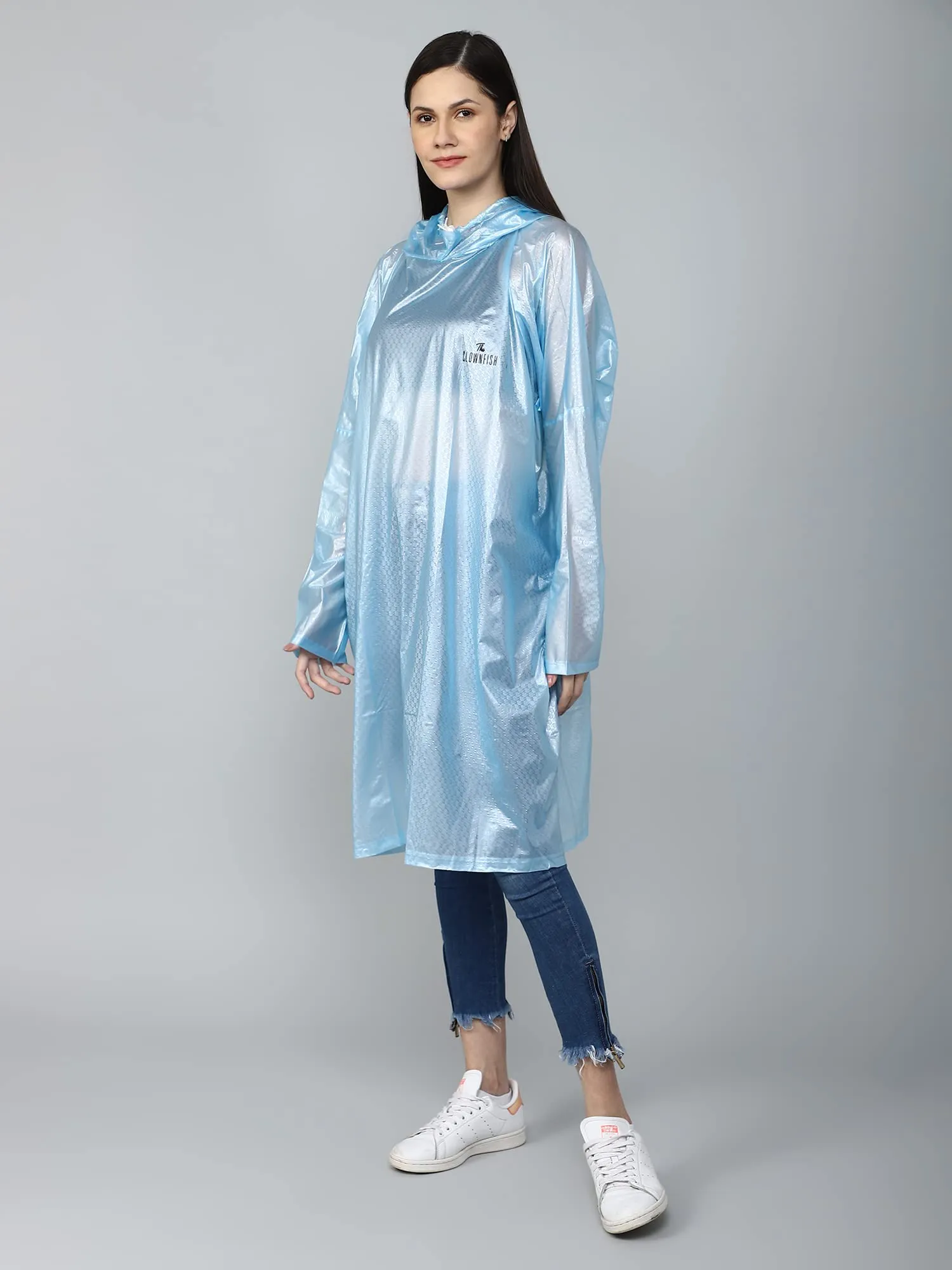 THE CLOWNFISH Avalon Series Womens Waterproof PVC Transparent Self Design Pullover Longcoat/Raincoat with Adjustable Hood (Sky Blue, X-Large)