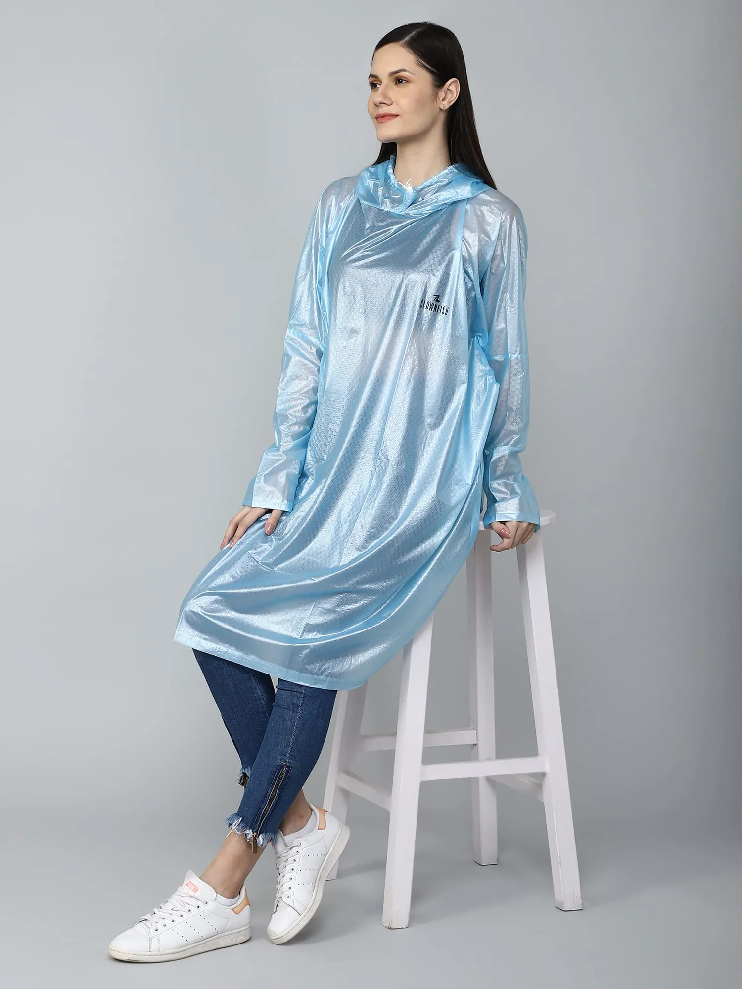 THE CLOWNFISH Avalon Series Womens Waterproof PVC Transparent Self Design Pullover Longcoat/Raincoat with Adjustable Hood (Sky Blue, X-Large)