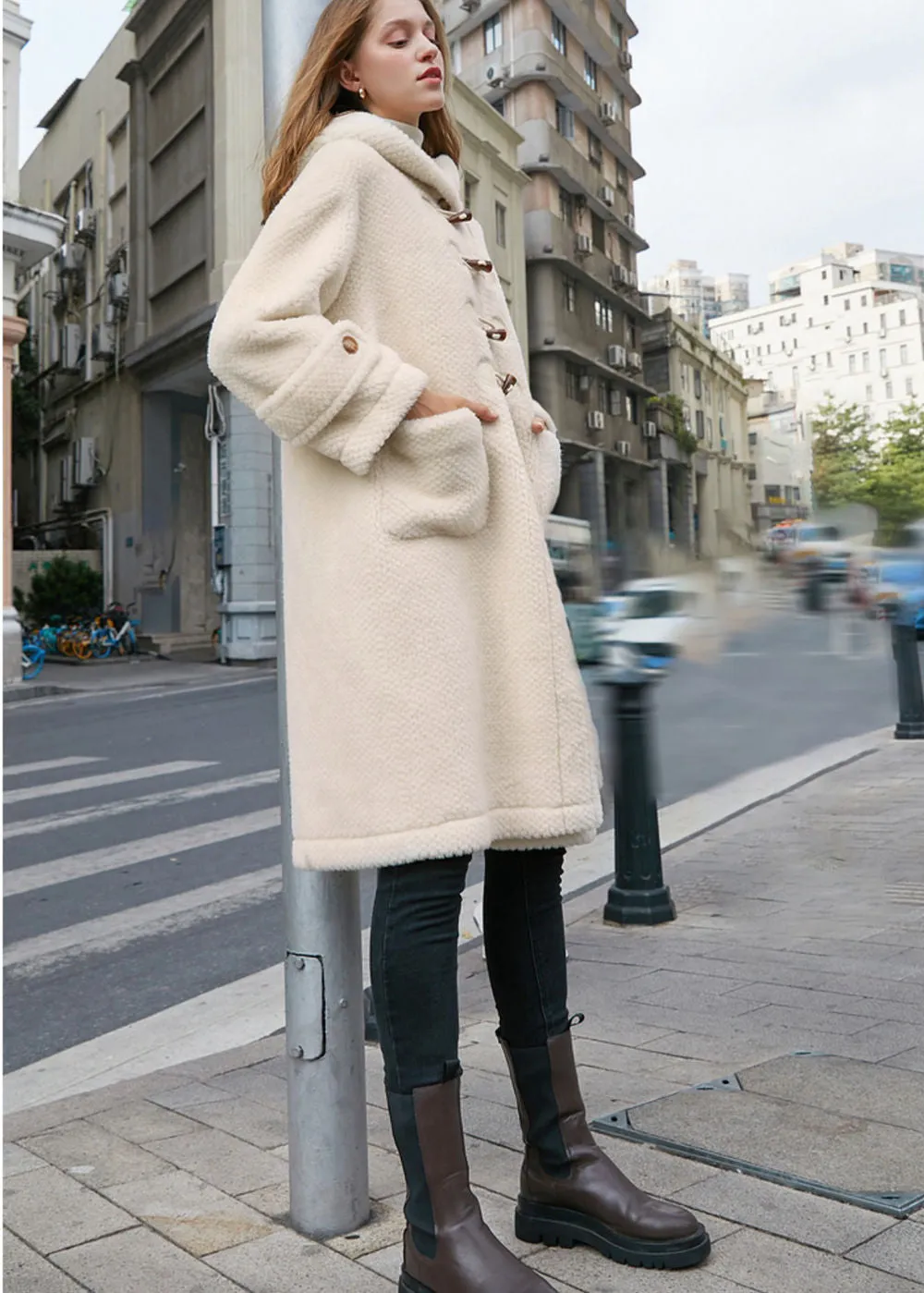 Toggle Front Hooded High Pile Wool Fleece Coat