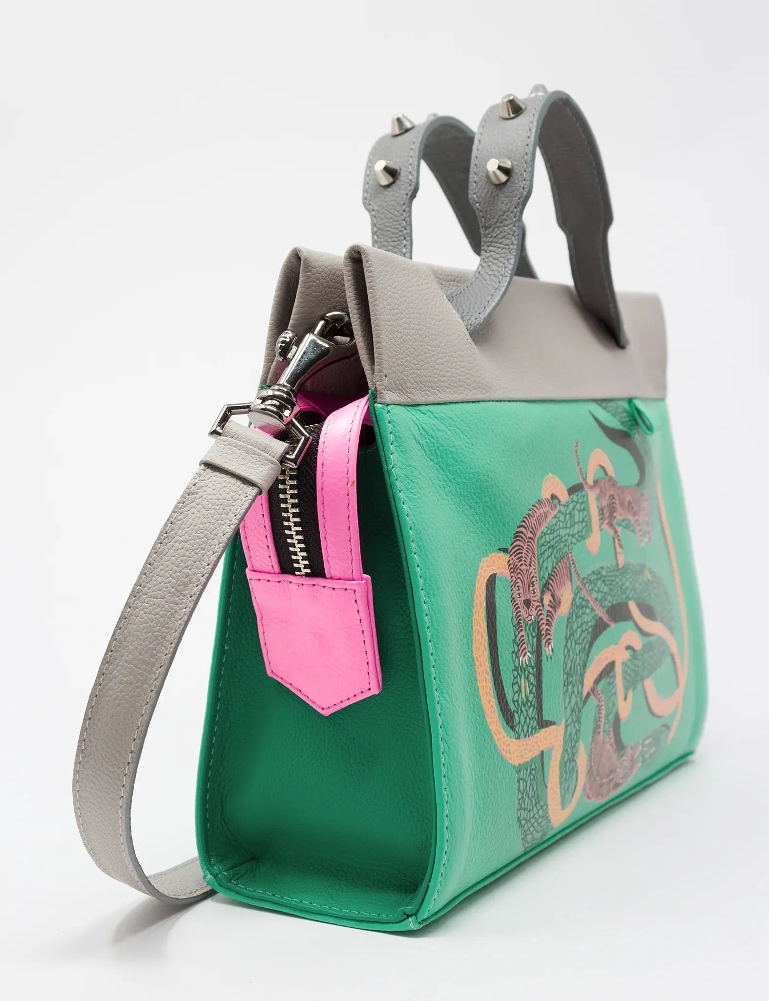 Vali Small Crossbody Mint Green Leather Bag - Tangle Tales Print